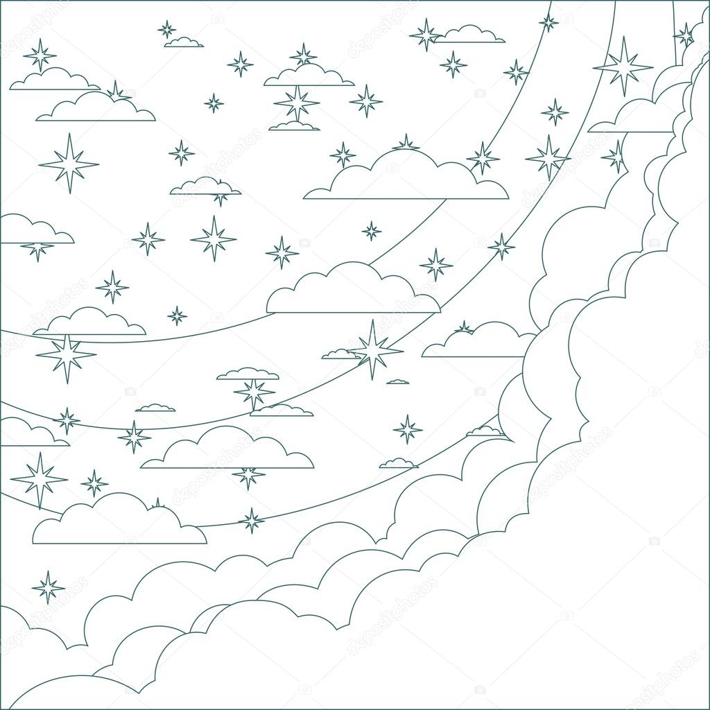 Cartoon Starry Night with Space for Text in the Clouds. Contour, outline