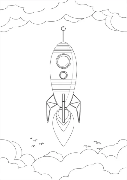 Cosmo raket in de hemel met wolken en vogels. Contour — Stockvector