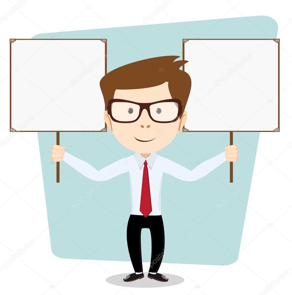 Cartoon teacher explaining and pointing at blank white board, placard.. Stock Vector  Illustration