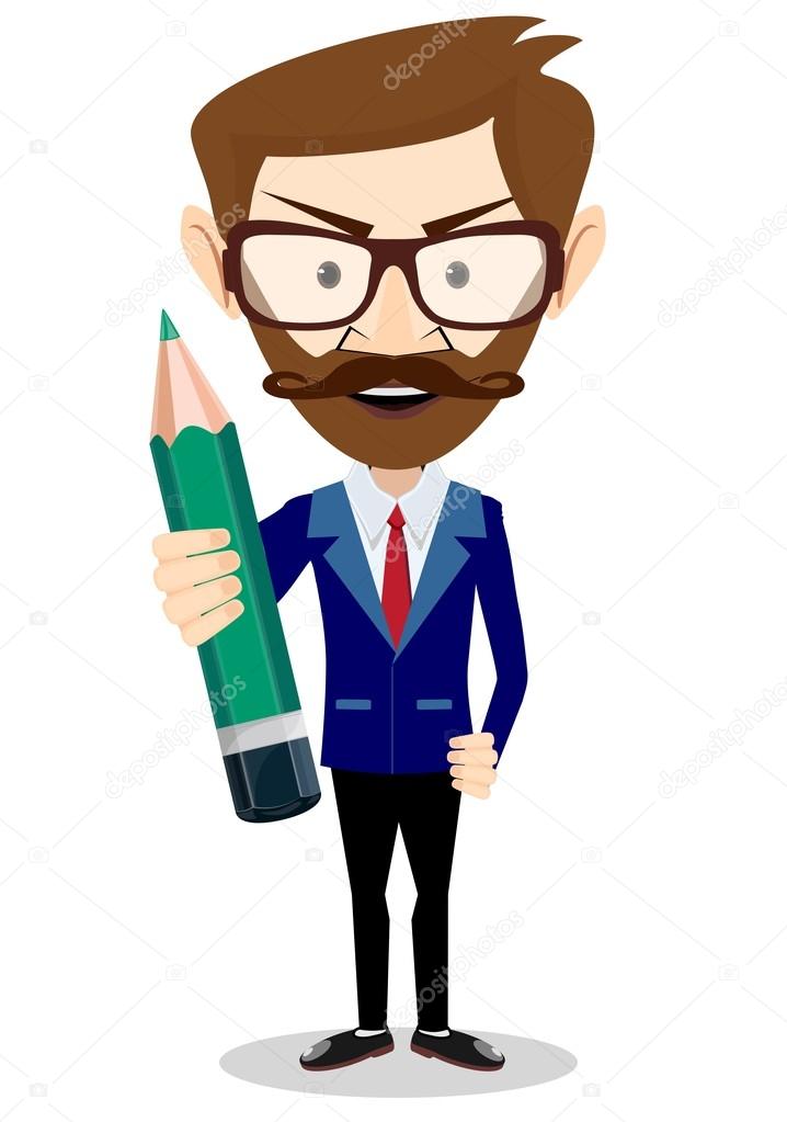 Smiling cartoon Businessman hipster in jacket with a big green pencil