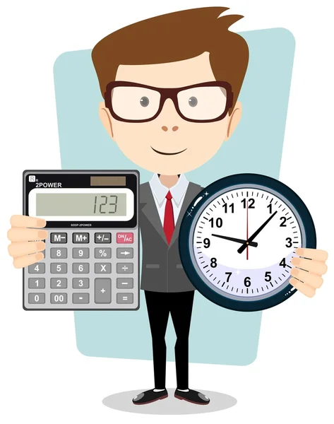 Hombre de negocios de dibujos animados con una gran calculadora y reloj en sus manos . — Vector de stock