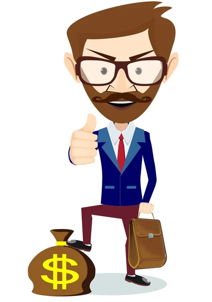 Hipster Businessman Standing on the Bag with Dollars, Vector — Stock Vector