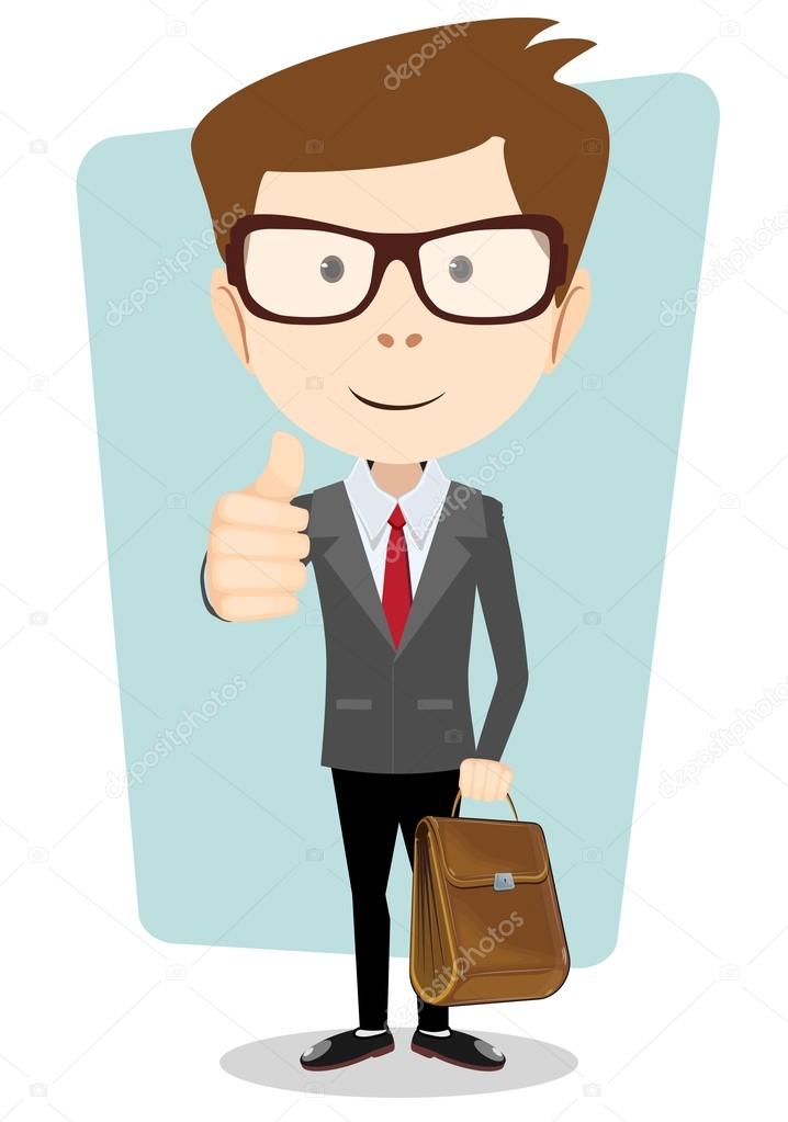 Smiling winking cartoon business man in a jacket giving the thumbs up with briefcase.