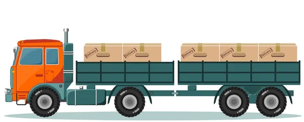 Vrachtwagen met lading dozen op aanhangwagen, vectorillustratie — Stockvector