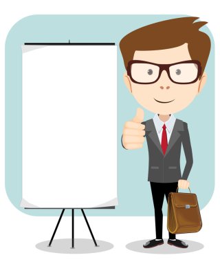 Boş mesaj panosu tutan bir karikatür işadamı vektör çizim.