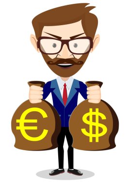 Bir torba altın para Doları ile iş adamı. Vektör çizim