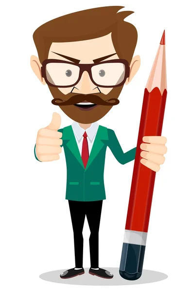 Smiling cartoon Businessman or teacher in jacket with a big red pencil — Stock Vector