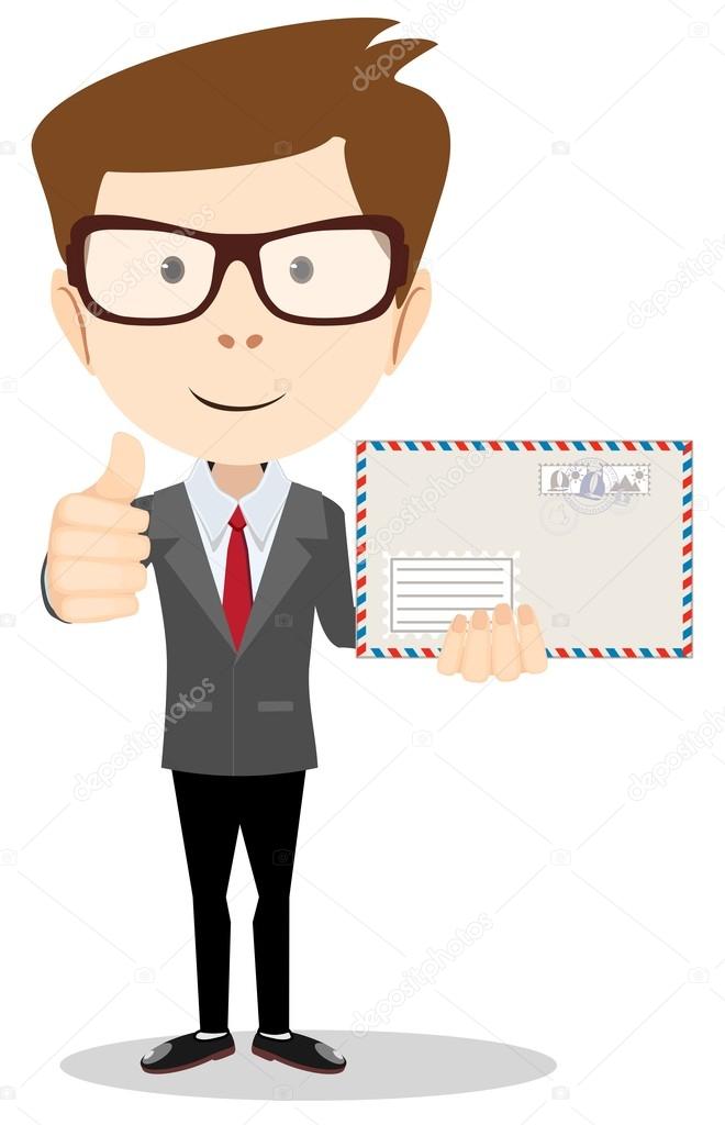 Office worker holding huge mailer envelope  giving the thumbs up and friendly smiling