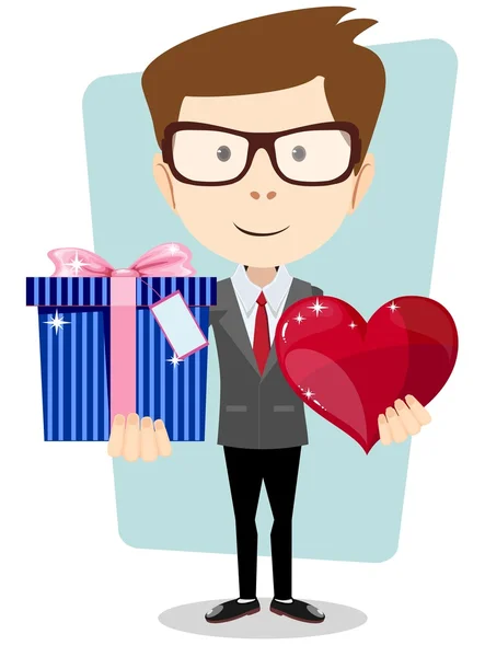 Young man smiling , holding gift and heart. — Stock Vector