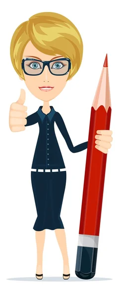 Улыбающаяся мультипликация Бизнесмен или учительница подает большие пальцы большим красным карандашом — стоковый вектор