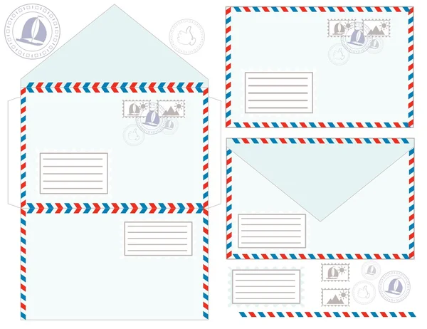 Posta zarf, çıkartmalar, pullar ve kartpostal, vektör çizim — Stok Vektör