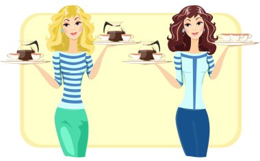 Çay ve kahve restoranda, vektör ile şirin garson