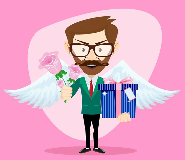 Joven hombre guapo con alas, flores y regalos, ilustración vectorial — Archivo Imágenes Vectoriales