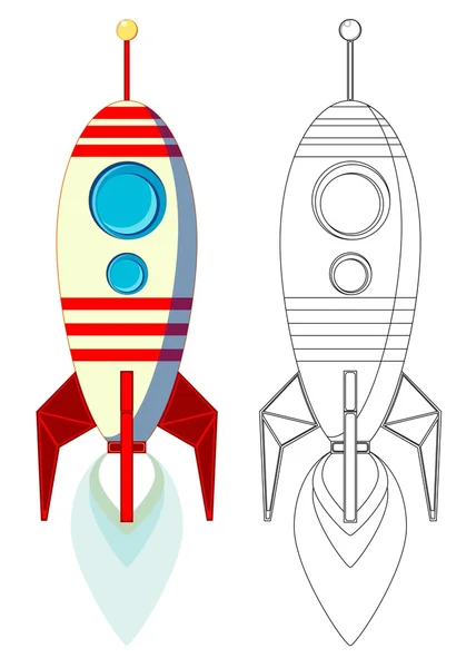 Volo del missile con fiamma dal motore, immagine a colori e contorno, illustrazione vettoriale — Vettoriale Stock