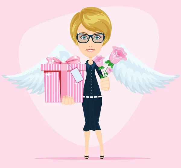 Female angel holding a bouquet of flowers and gifts with beautiful wings — Stock Vector