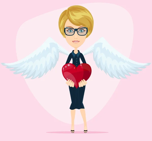 Female angel with beautiful wings gives heart for you — Stock Vector