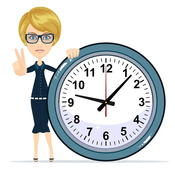 Femme d'affaires moderne souriante montrant geste de victoire et debout avec une grande horloge — Image vectorielle