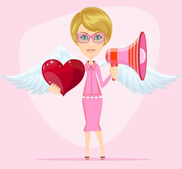 Ángel mensajero femenino con hermosas alas te da corazón — Vector de stock
