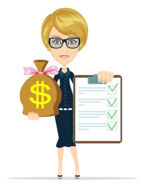 Bir kağıt ile yeşil bayraklar ve çanta, dolar, altın para, vektör Holding iş kadını