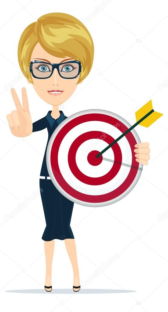 Successful business woman showing victory sign, holding a target with arrow