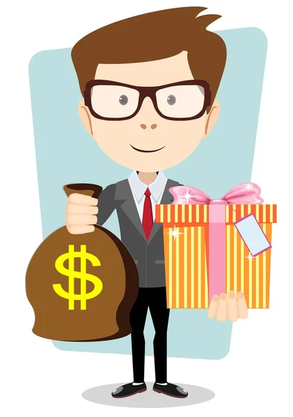 El joven da una bolsa con dólares y regalo, ilustración vectorial — Vector de stock
