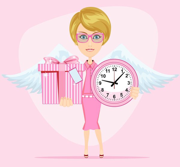 Angel holding a pink watchs and gifts with beautiful wings