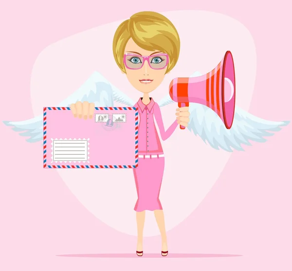 女性有翼的天使使者与爱情幸福信和扩音器喇叭消息 — 图库矢量图片