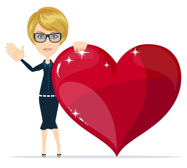 Мультфильм красивой молодой женщины с огромным сердцем радостно встречает вас
