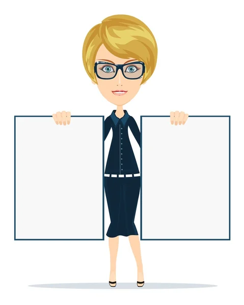 Cartoon teacher businesswoman in glasses holding two posters white board.vector — Stock Vector