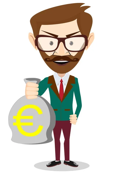 Empresário de sucesso ou banqueiro com um saco de ouro em dinheiro Euro. Ilustração vetorial — Vetor de Stock