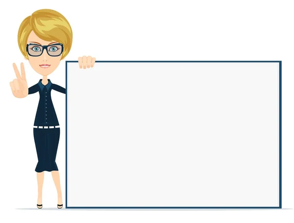 Мультфільм вчитель бізнес-леді в окулярах тримає великий плакат білої дошки. векторний — стоковий вектор