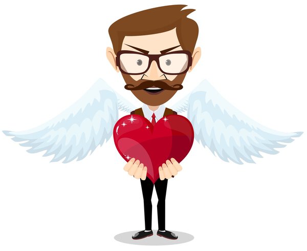 Молодой хипстер-человек, вдохновлённый любовью, хранит сердце. Векторная миграция
