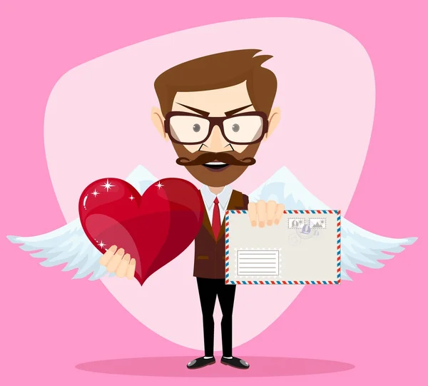 Angel Man-hipster with Wings a heart and Letter — Stock Vector