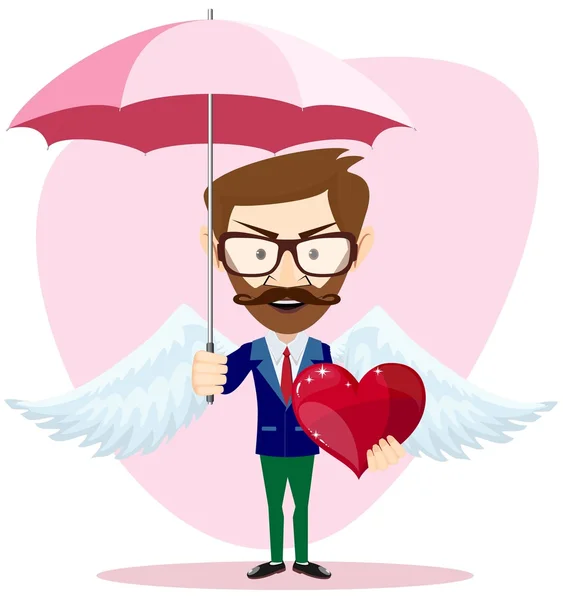 Angel muž s deštníkem, křídla a srdce — Stockový vektor