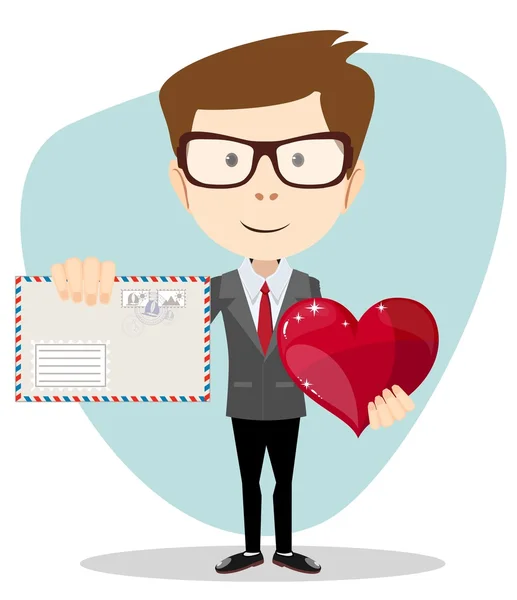 Empresário Segurando um Coração e Envelope, Ilustração do Vetor — Vetor de Stock