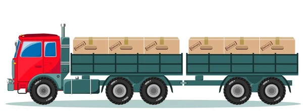 Long truck with cargo goes to the warehouse, vector illustration — Stock Vector