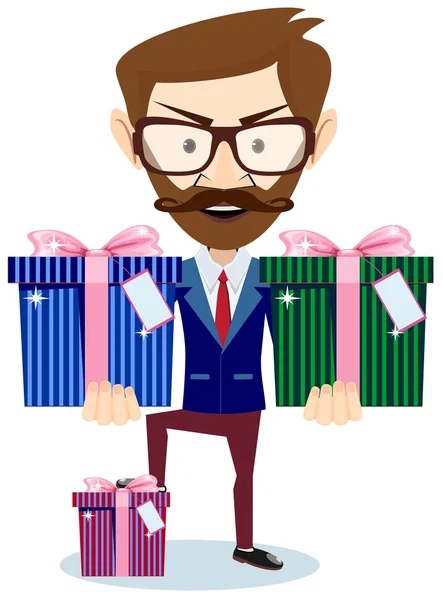 Uomo d'affari che offre molti doni, illustrazione vettoriale — Vettoriale Stock