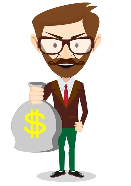 Young smiling businessman holding a bag of money, vector illustration — Stock Vector