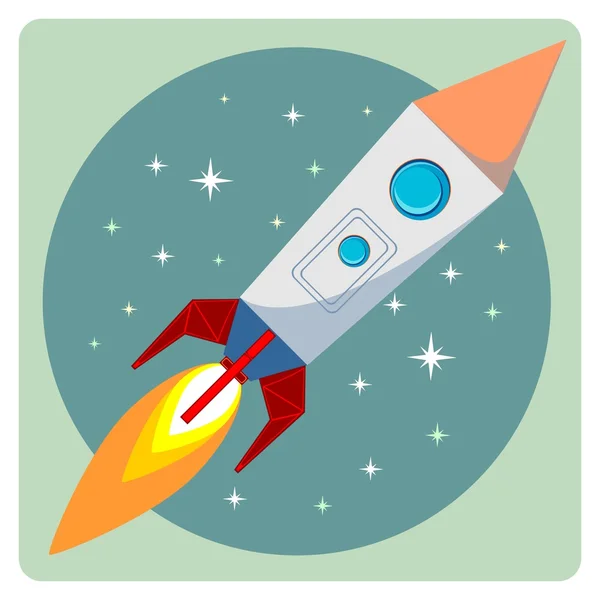 Kreslený létající raketa s plameny v prostoru - vektorové ilustrace — Stockový vektor