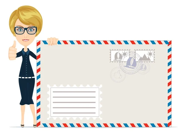 Feliz mujer entregando correo sobre fondo blanco — Vector de stock