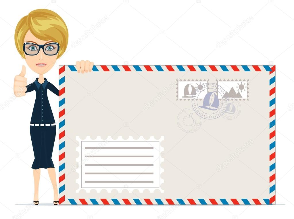 Happy female Delivering Mail Over White Background