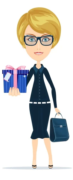 Affärskvinna som innehar en present till dig, vektor illustration — Stock vektor
