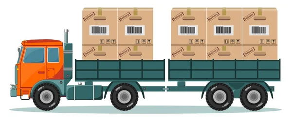 Long truck with cargo goes to the warehouse, vector illustration — Stock Vector