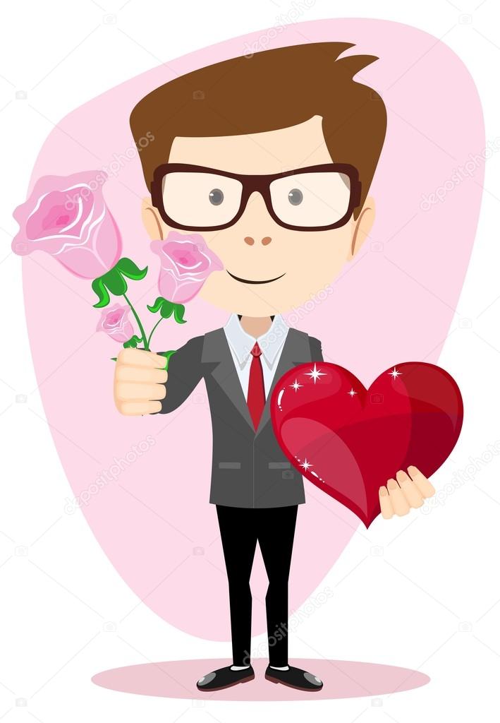 Young man holding a rose and heart, vector illustration