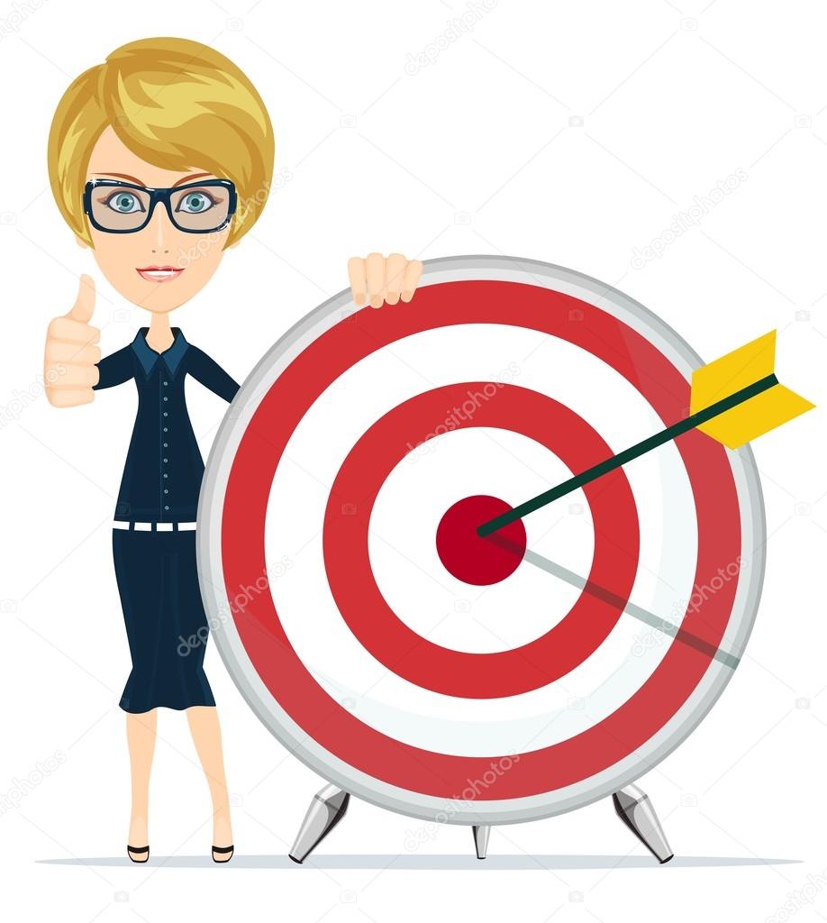 Woman showing victory sign, holding a target with arrow