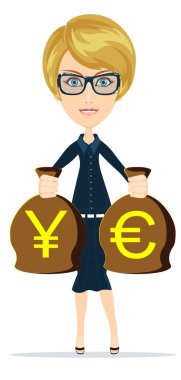 Çantalar dolusu para, vektör çizim tutan iş kadın