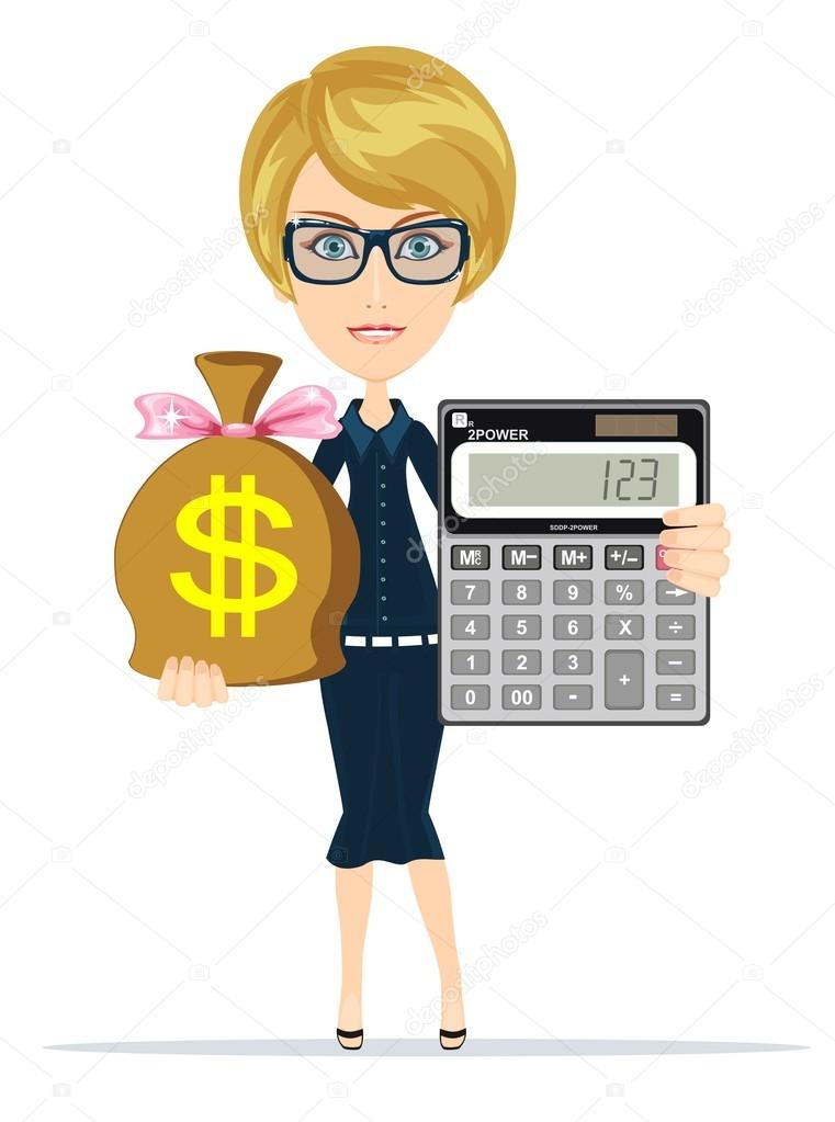A woman stands next to a calculator. Financial presentation, audit or  professional accounting service, cost calculation. Electronic counting  device. Cartoon illustration. Vector 32163761 Vector Art at Vecteezy