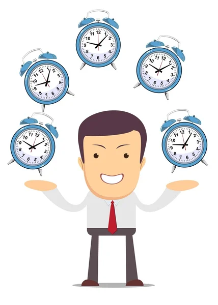 Businessman juggling with alarm clocks, symbolizing time management. — Stock Vector