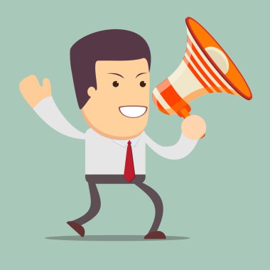 İşadamı yürüyor ve megafonla konuşuyor .