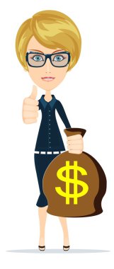 Bir çanta dolar, altın para ile başarılı işkadını. Vektör çizim